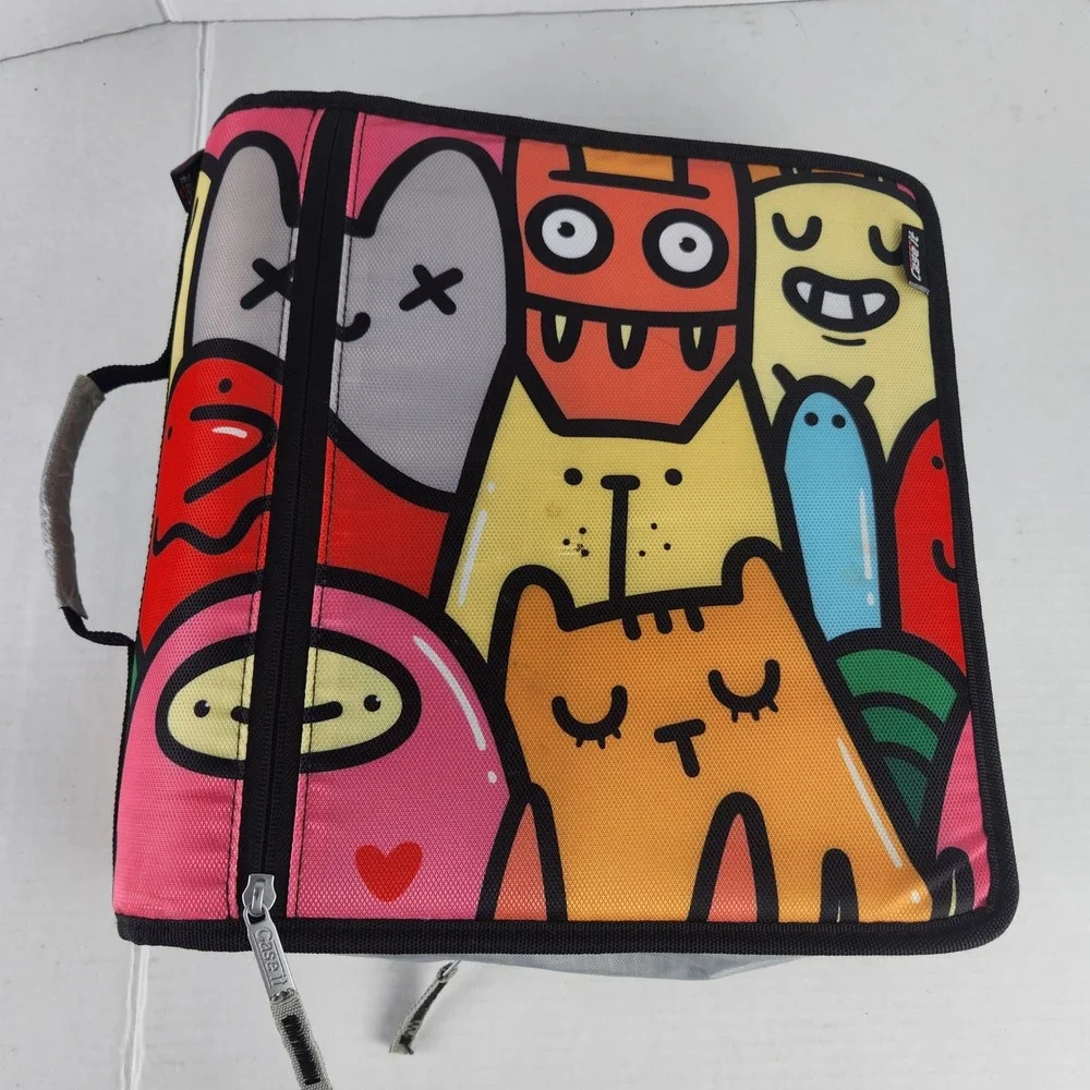 Case-it 3 Ring Zipper Binder Cartoon Monster Print 5-Tab Expanding File Handle